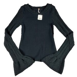 Free People Black Ribbed Crochet Bell Sleeve Top Girls Teen Large NEW